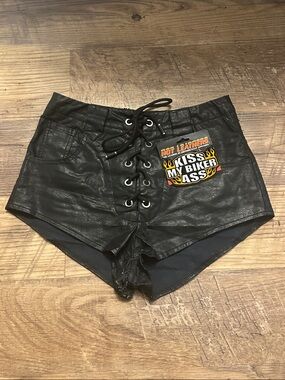 Lioness Black Lace-Up High Waist Faux Leather Shorts &  Kiss my biker ass patch